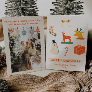 Cartão De Festividades Vintage Cream Red Illustrated Christmas Retro Fun