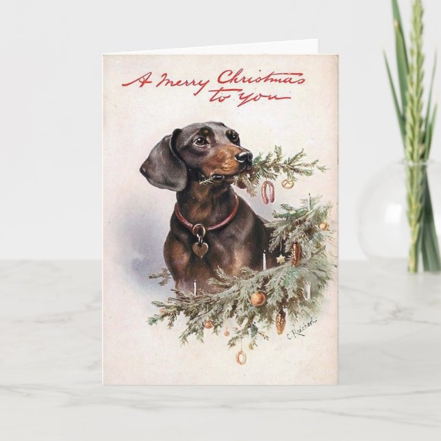 Cartão De Festividades Vintage Dachshund Christmas Card (Frente)