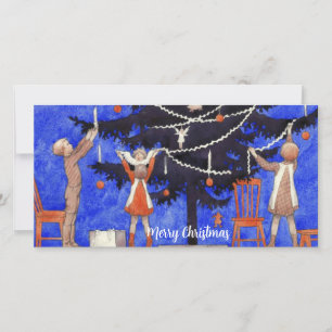 Cartão De Festividades Vintage decorando a árvore de Natal