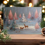 Cartão De Festividades Vintage Deer In Snowy Forest Pink Christmas Trees<br><div class="desc">Vintage Deer In Snowy Forest Pink Christmas Trees Holiday Card. This design features vintage deer in the snowy woods surrounded by pink Christmas trees. What a beautiful retro holiday scene. Personalize this custom design with your own inside greeting.</div>