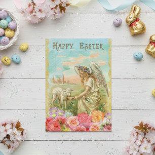 Cartão De Festividades Vintage Easter Angel Lamb Pretty