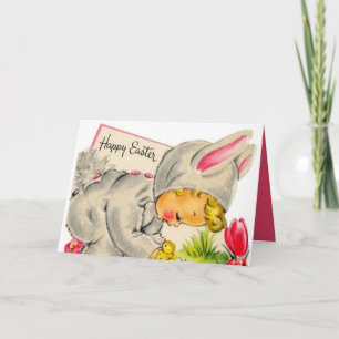 Cartão De Festividades Vintage Easter Bunny garoto Holiday adiciona mensa