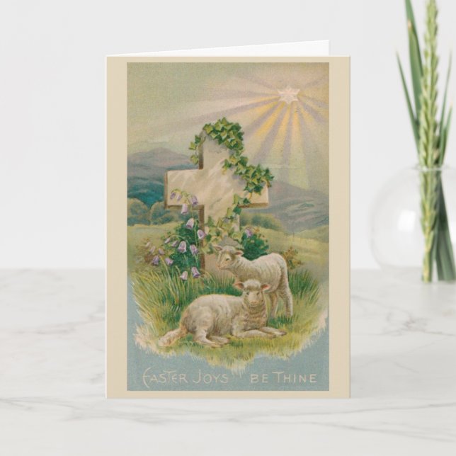 Cartão De Festividades Vintage Easter - Crucifix and Lambs, (Frente)