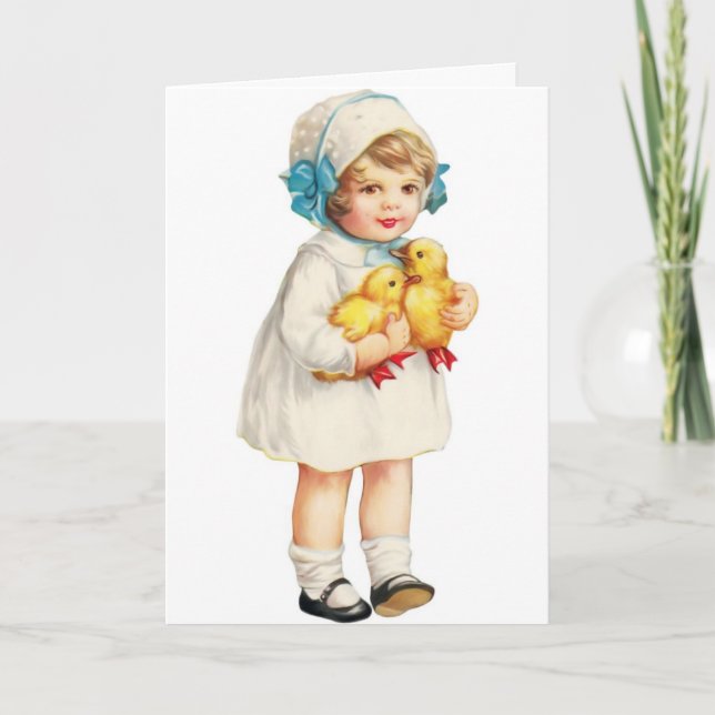 Cartão De Festividades Vintage Easter - Girl with Ducklings, (Frente)