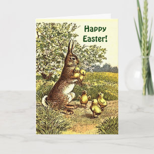 Cartão De Festividades Vintage Easter Rabbit and Chicks V2