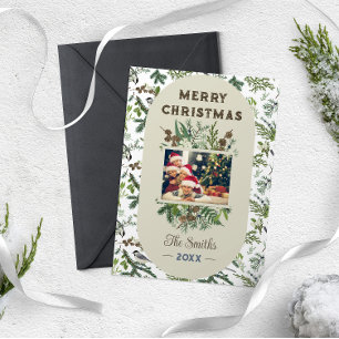 Cartão De Festividades Vintage Family Photo Foliage Greenery Natal