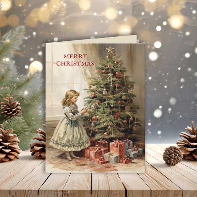 Cartão De Festividades Vintage Felry Christmas Tree Girl Gifts (Vintage Christmas folded greeting card)
