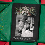 Cartão De Festividades Vintage Floral Chalk Christmas One Photo<br><div class="desc">Este é um belo cartão com fotos de férias pintado com fundo de quadro e belo quadro floral em forma geométrica. A armação é embelezada com elementos de flores botânicas de férias e colocada para criar uma moldura única para a sua fotografia. holidayz18</div>