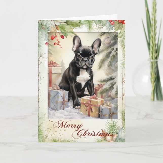Cartão De Festividades Vintage Frenchie Christmas (Frente)