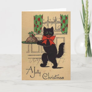 Cartão De Festividades Vintage - Gato e pudim de Natal