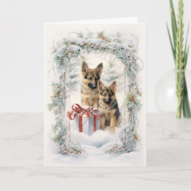 Cartão De Festividades Vintage German shepherd Natal (Frente)