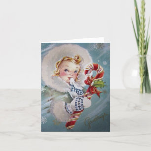 Cartão De Festividades Vintage Girl de Natal com canas doces