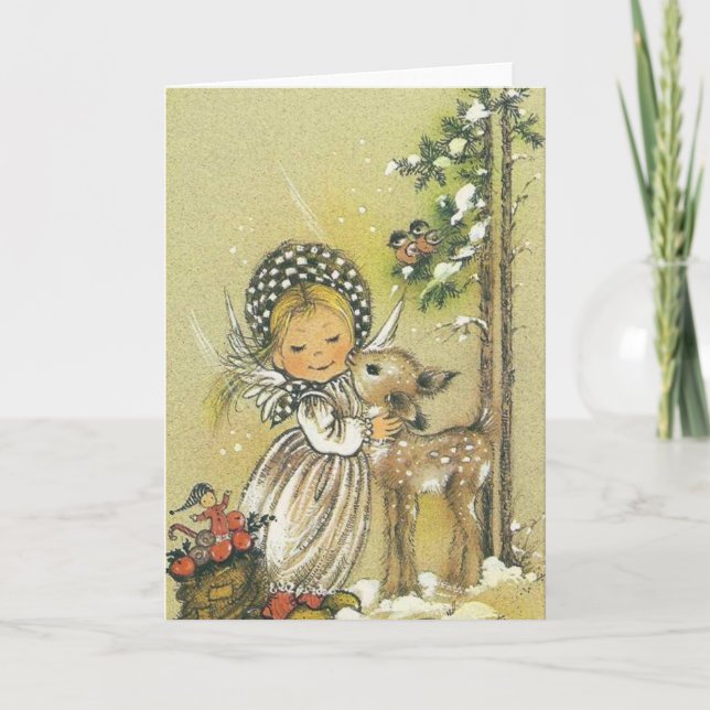 Cartão De Festividades Vintage Girl Hugging Baby Deer (Frente)