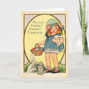 Cartão De Festividades Vintage Girl with Easter Bunnies & Eggs Páscoa Ca