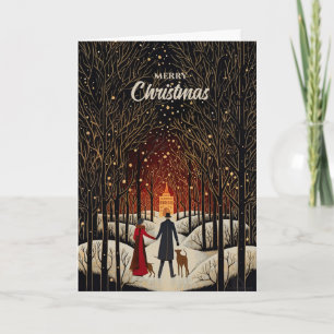 Cartão De Festividades Vintage Gouache Casal de inverno e Natal da Igreja