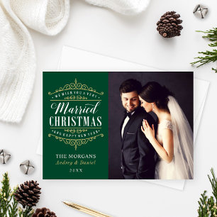 Cartão De Festividades Vintage Green Foto de Casamento de Natal Dourado C