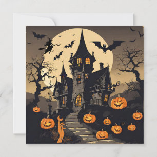 Cartão De Festividades Vintage Halloween Hauneen House, Pumpkins, Bats