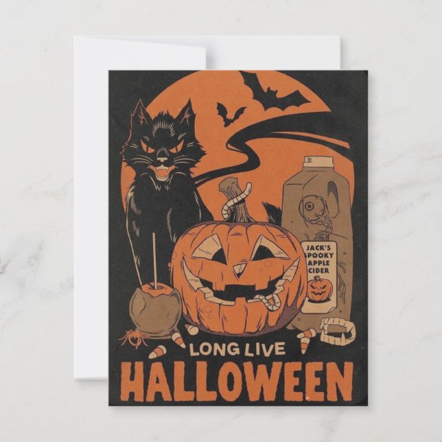 Cartão De Festividades Vintage Halloween Pumpkin Black Cat (Frente)