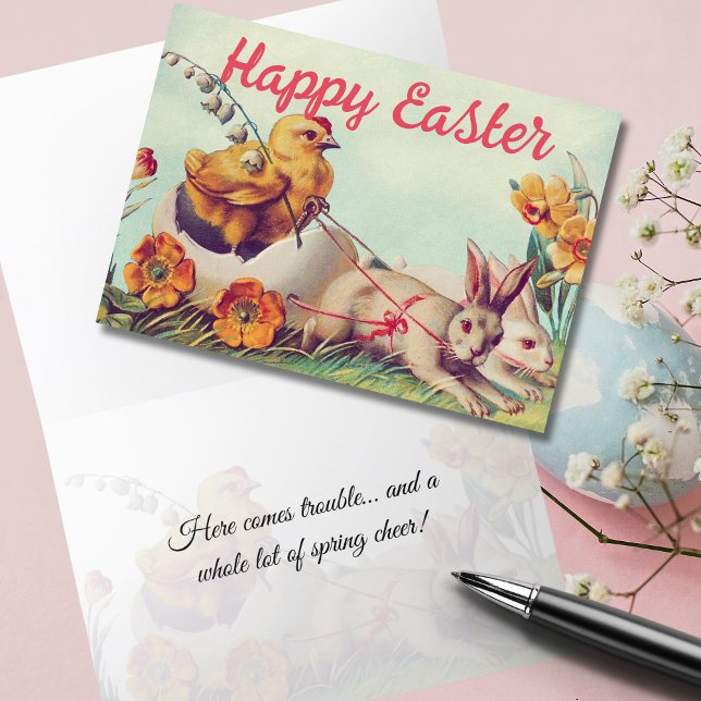 Cartão De Festividades Vintage Hen e Carruagem Bunny (Criador carregado)