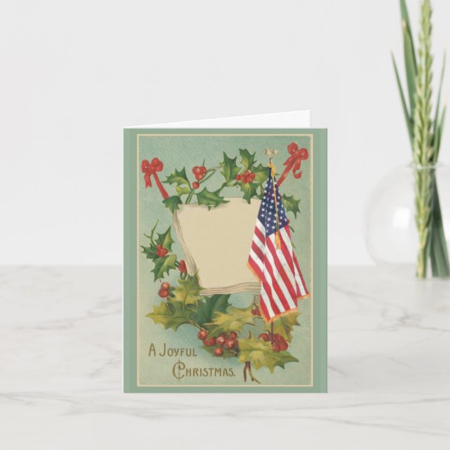 Cartão De Festividades Vintage Holly Berries American Flag (Frente)