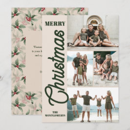 Cartão De Festividades Vintage Holly e Berries Feliz Foto de Natal