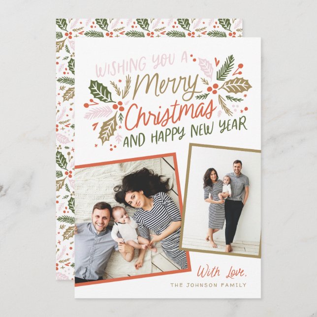 Cartão De Festividades Vintage Holly Tilted Snapshot Multifoto (Frente/Verso)