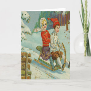 Cartão De Festividades Vintage Kids Sledding Snowy Hill Evergreens Fun