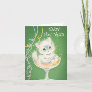 Cartão De Festividades Vintage Kitten Cat Ano novo Card Cheers