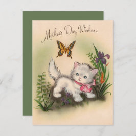 Cartão De Festividades Vintage kitten e Butterfly Madre's Wish