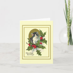 Cartão De Festividades Vintage Kitten na Holly Card