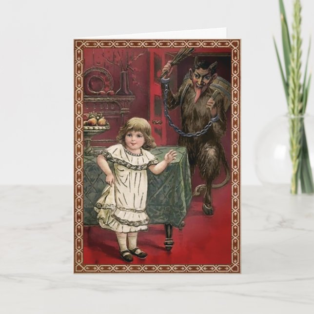 Cartão De Festividades Vintage Krampus e Child (Frente)