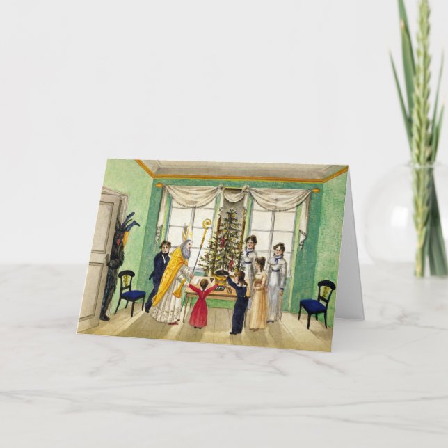 Cartão De Festividades Vintage Krampus e Ruas. (Frente)