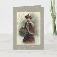 Vintage Lady in Snow com Saudação de Natal