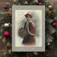 Vintage Lady in Snow com Saudação de Natal