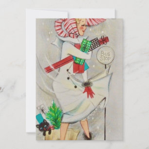 Cartão De Festividades Vintage Lady segurando presentes de Natal