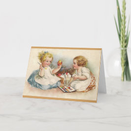 Cartão De Festividades Vintage Little Girls Coloring Easter Eggs