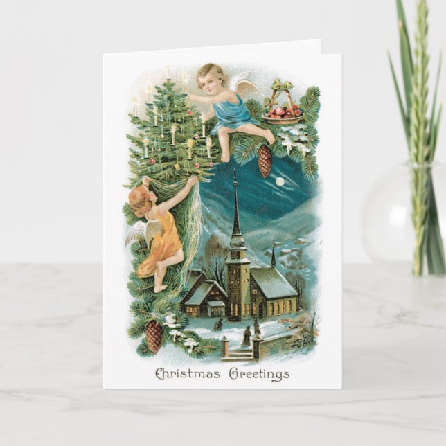Cartão De Festividades Vintage Merry Christmas Card - Angels (Frente)