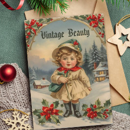 Cartão De Festividades Vintage Ouro Adorable Girl in Frame Christmas