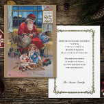 Cartão De Festividades Vintage Pai Natal com Crianças<br><div class="desc">Nostálgica e peculiar Ilustração de Natal da Era Vitoriana apresentando o Pai Natal com cama vermelha com dois filhos e presentes com rolagem de 25 de dezembro. A parte traseira apresenta uma borda floral complementar,  campos de texto desejados e editáveis.</div>