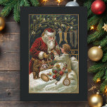 Cartão De Festividades Vintage Pai Natal Dando presentes para a Criança<br><div class="desc">Arte tradicional de Natal elegante e eterno, com Papais noeis sorridentes de cama vermelha, dando presentes a uma criança na cama com meias penduradas nas proximidades e com sombras. A arte é embelezada com realces dourados e a cor de fundo é editável. A parte traseira apresenta gráficos complementares personalizados exclusivos...</div>