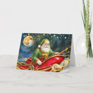 Cartão De Festividades Vintage Papai Noel em Sleigh, Lua Ouro, Estrelas