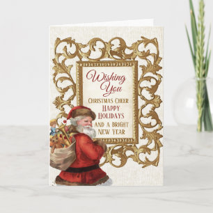 Cartão De Festividades Vintage Papais noeis Dourado Quadro Feliz Natal An