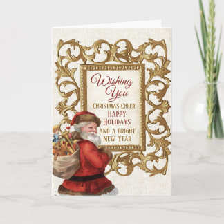 Cartão De Festividades Vintage Papais noeis Dourado Quadro Feliz Natal An