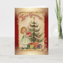 Vintage Pine Tree Girl Snowflakes Red Holiday Card