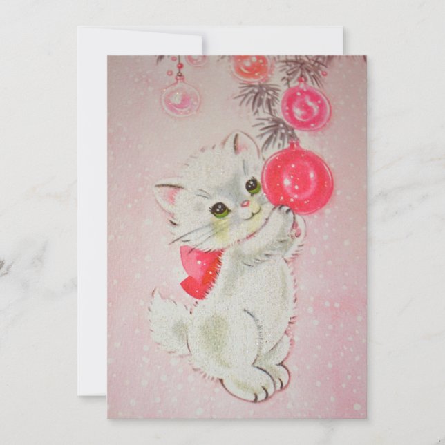 Cartão De Festividades Vintage Pink Christmas Kitten (Frente)