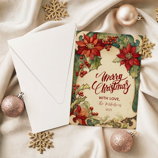 Cartão De Festividades Vintage Poinsettia Christmas (Criador carregado)