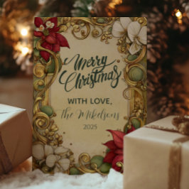 Cartão De Festividades Vintage Poinsettia Dourada Scroll Christmas