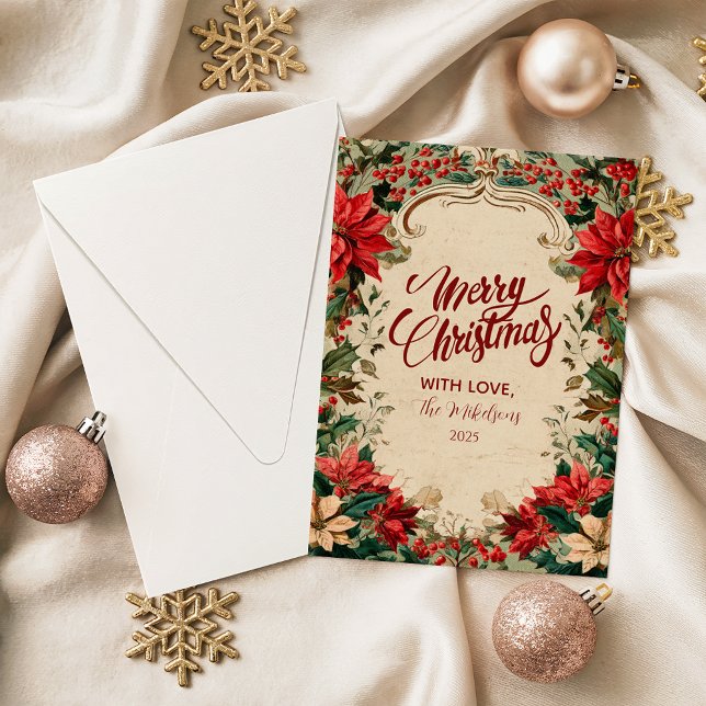 Cartão De Festividades Vintage Poinsettia Holiday (Criador carregado)
