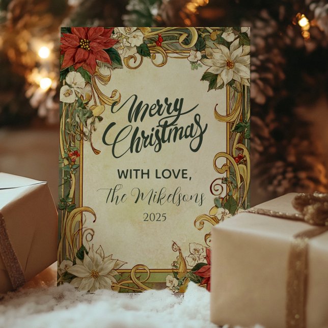 Cartão De Festividades Vintage Poinsettia Natal (Criador carregado)