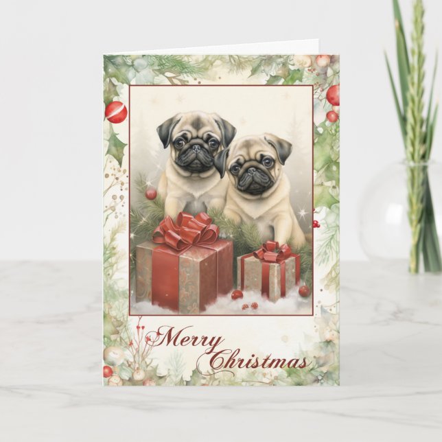Cartão De Festividades Vintage Pug Christmas (Frente)